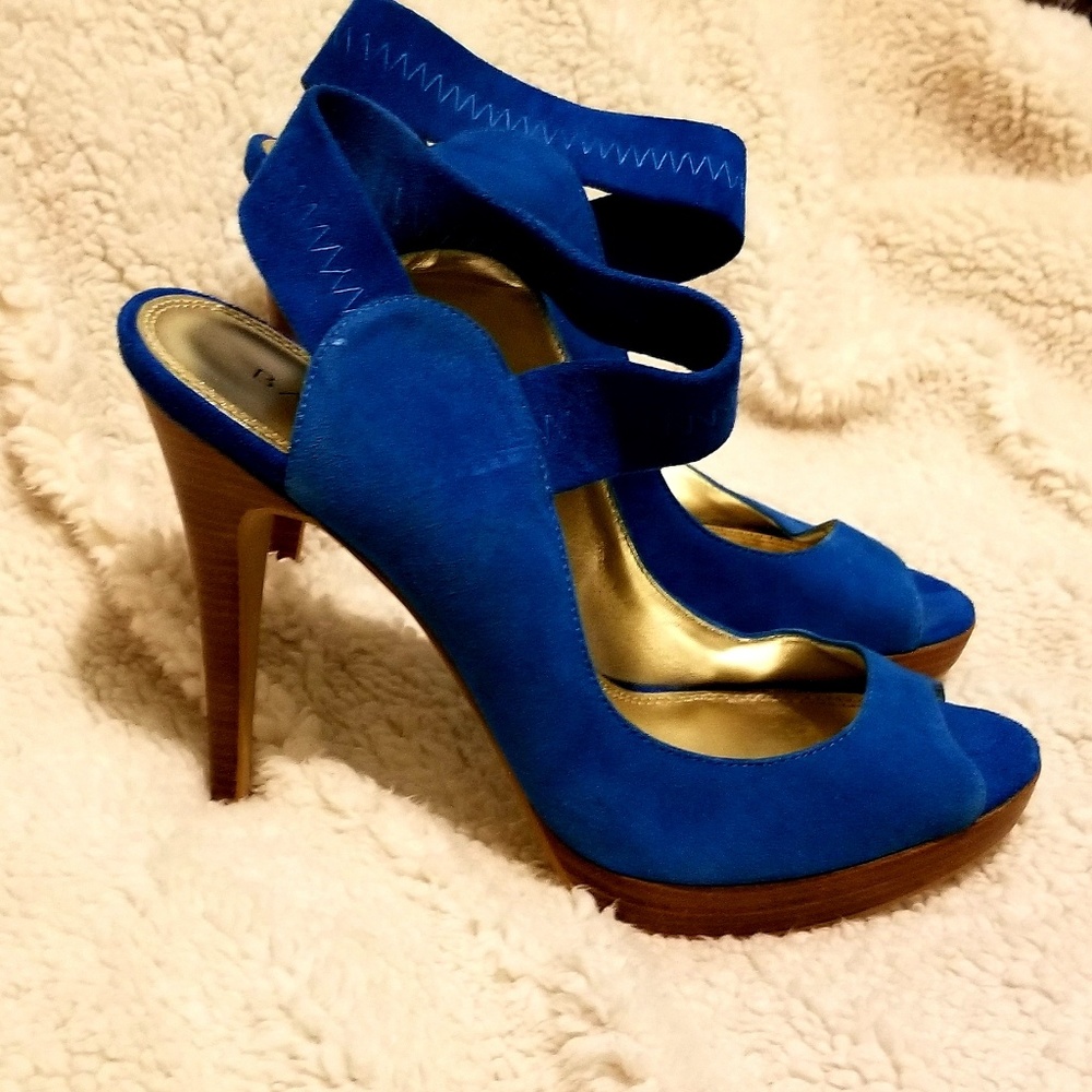 Bakers teal blue suede ankle strap heels